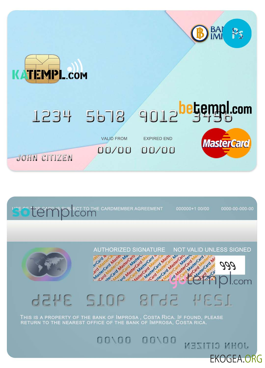 Modèle de carte de crédit mastercard de la banque Costa Rica Improsa au format PSD, entièrement modifiable